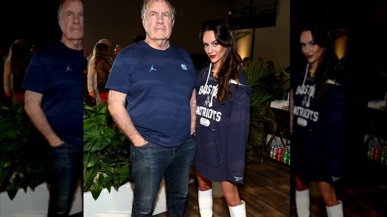 Bill Belichick wearing a dark blue T-shirt and Jordon Hudson wearing a matching Boston Patriots sweatshirt at a party