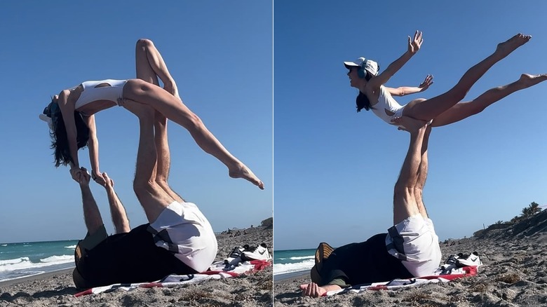 Jordon Hudson doing beach Pilates with Bill Belichick
