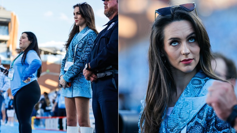 Jordon Hudson wearing a blue snakeskin-print blazer at a Tar Heels game