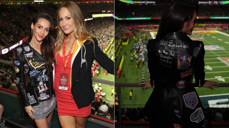 Jordon Hudson in a leather jacket covered in Super Bowl patches