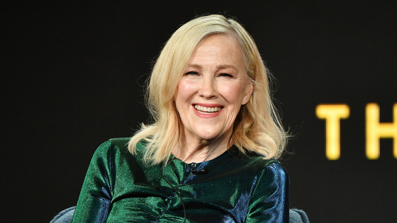 Catherine O'Hara speaking at a press tour