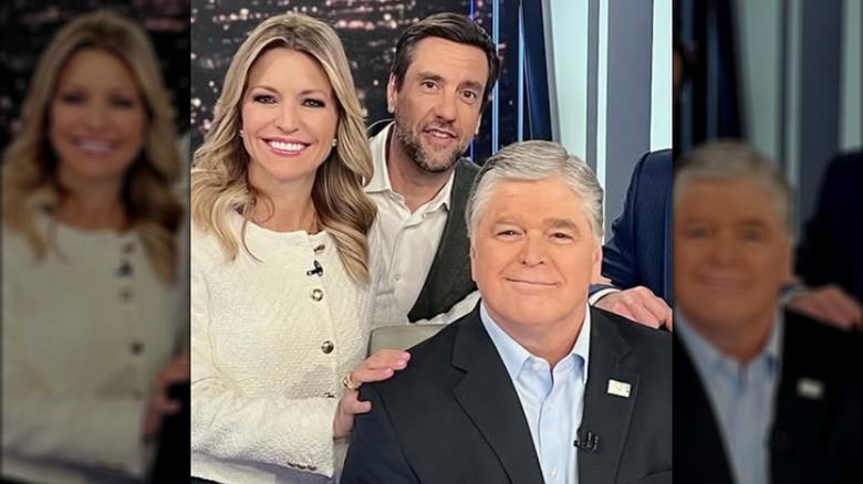 Ainsley Earhardt posing with Clay Travis and Sean Hannity.