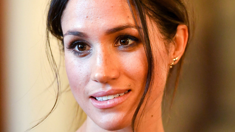 Meghan Markle with messy bun and hair around face