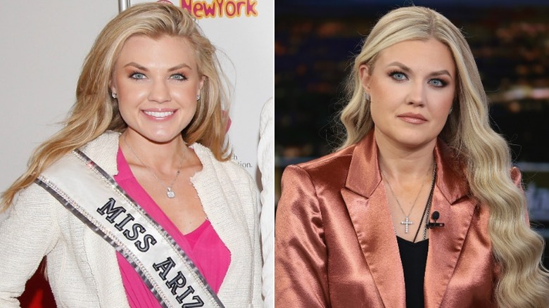 Split photo of Erika Kirk as a beauty queen in 2012 versus in 2025