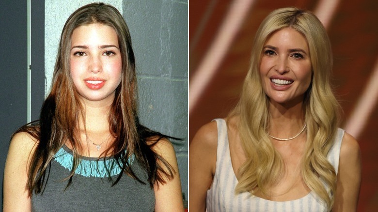 Split photo of Ivanka Trump in 1999 with brunette hair versus in 2024 with blonde hair