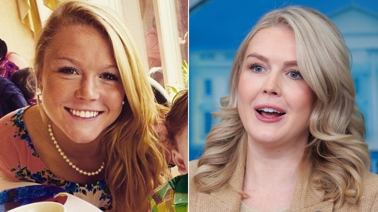 Split photo of Karoline Leavitt in 2015 vs. at a White House press event