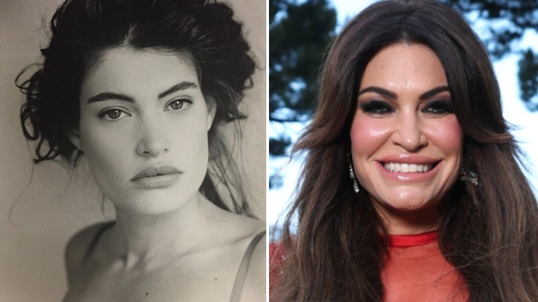 Split photo of Kimberly Guilfoyle as a young model versus in 2025