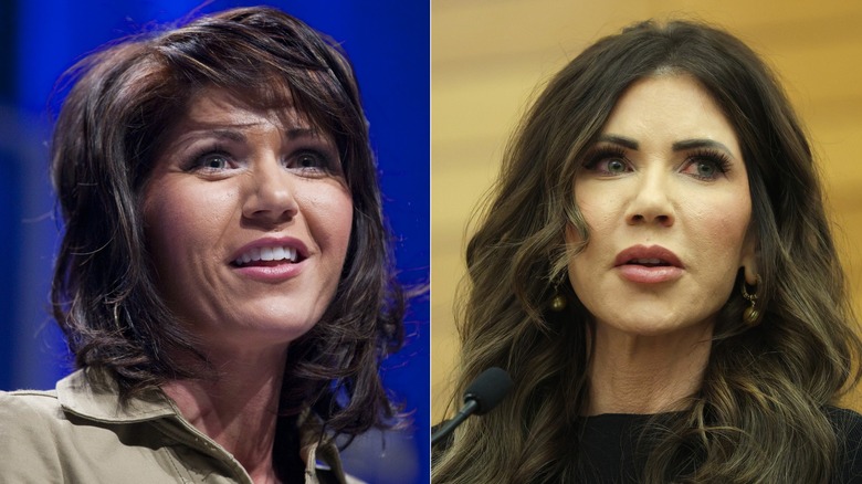 Split photo of Kristi Noem in 2011 versus in 2026