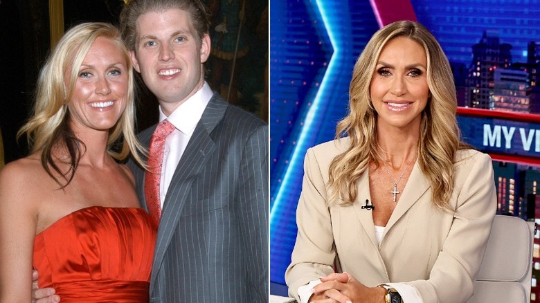 Split photo of Lara and Eric Trump in 2008 versus Lara Trump on the Fox News set in 2025