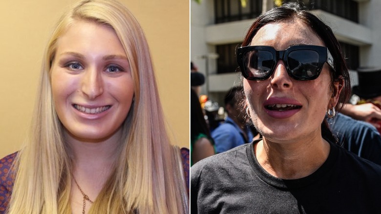Split photo of a young Laura Loomer with blonde hair versus in 2023 with dark hair