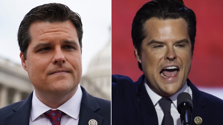 Split photo of Matt Gaetz in 2017 versus speaking at the RNC in 2024