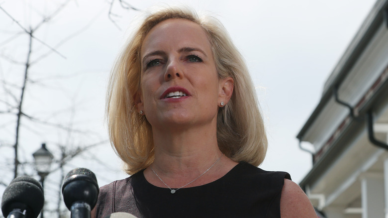 Outgoing Department of Homeland Security Secretary Kirstjen Nielsen speaking to the media outside of her home