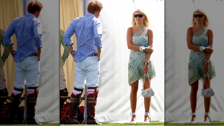 Chelsy Daily wearing a green minidress with a geometric pattern and speaking to Prince Harry at a polo match