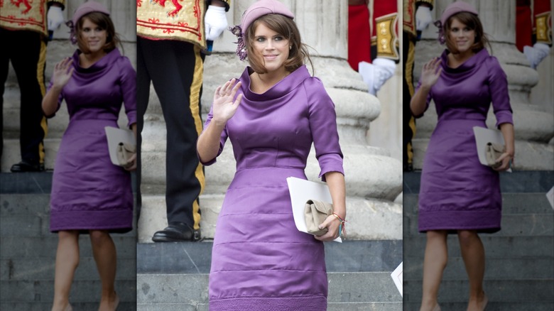 Princess Eugenie wearing a purple dress and lilac pillbox hat