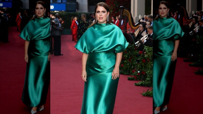 Princess Eugenie wearing a jade green satin dress