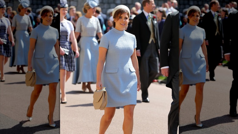 Princess Eugenie wearing a pillbox hat and blue shift dress