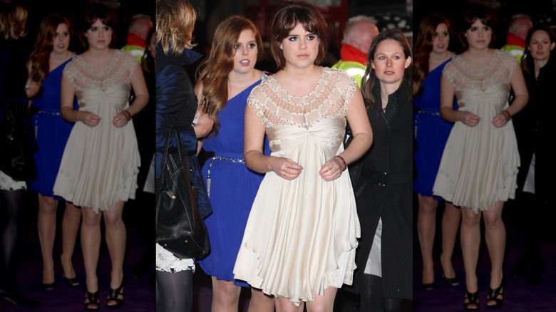 Princess Eugenie wearing a white lace and satin baby doll dress