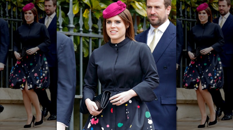 Princess Eugenie wearing a puffball coat and neon pink pillbox hat