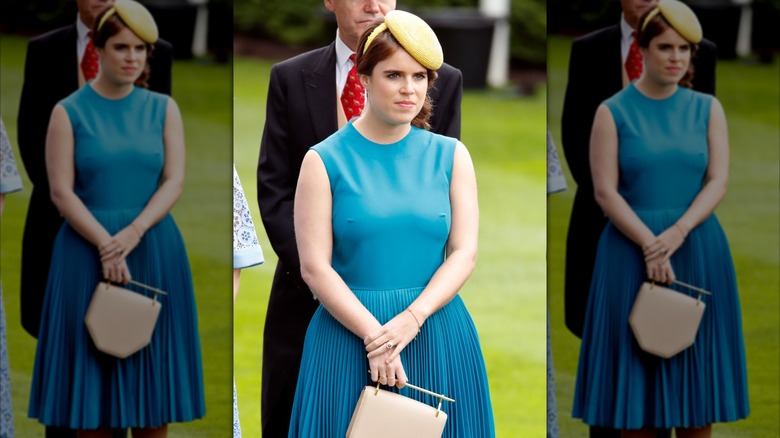 Princess Eugenie wearing a flat yellow hat and blue pleated dress