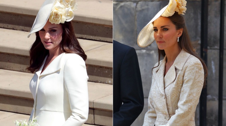 Split image of Princess Catherine wearing pale-colored ensembles at weddings.