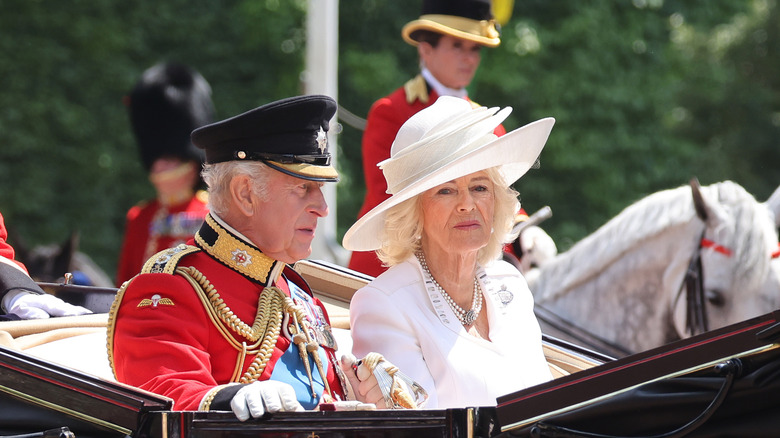 Queen Camilla and King Charles III looks unhappy during Trooping the Colour 2025