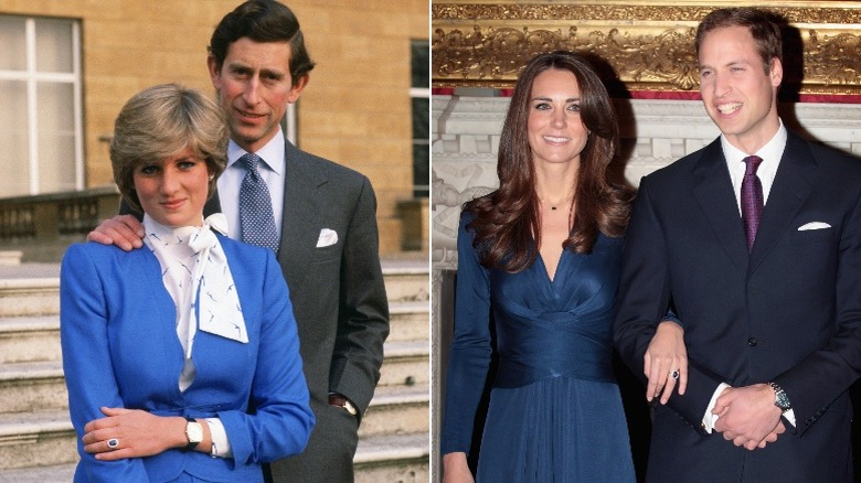 Princess Diana and King Charles III and Kate Middleton and Prince William's engagement announcements side by side
