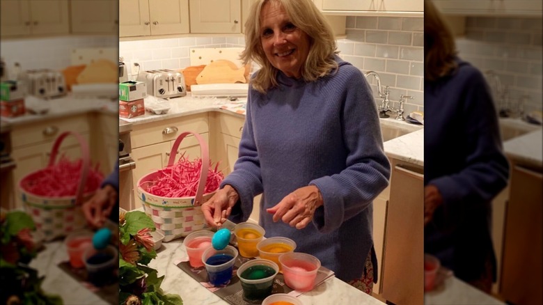 Jill Biden dyeing Easter eggs.