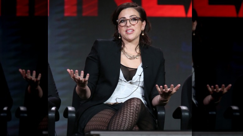 Sarah Gertrude Shapiro talking on stage