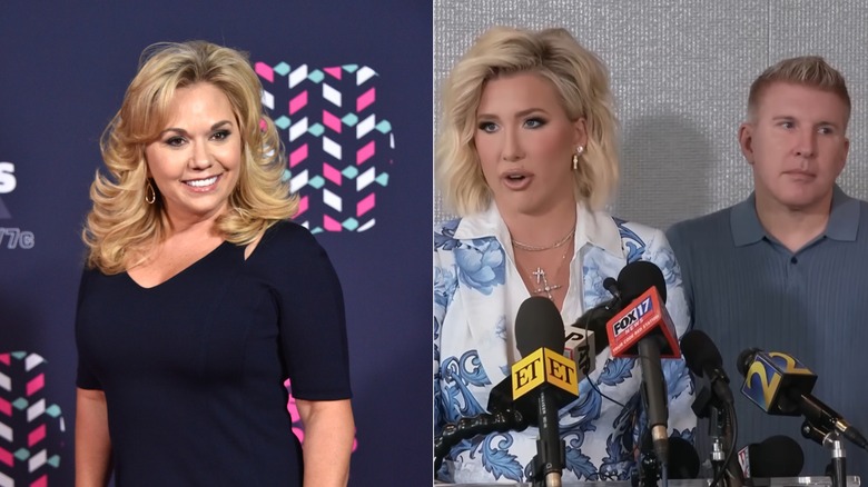 A split image of Julie Chrisley smiling with her head slightly tilted, and Savannah Chrisley speaking into a microphone as Todd Chrisley stands behind her.