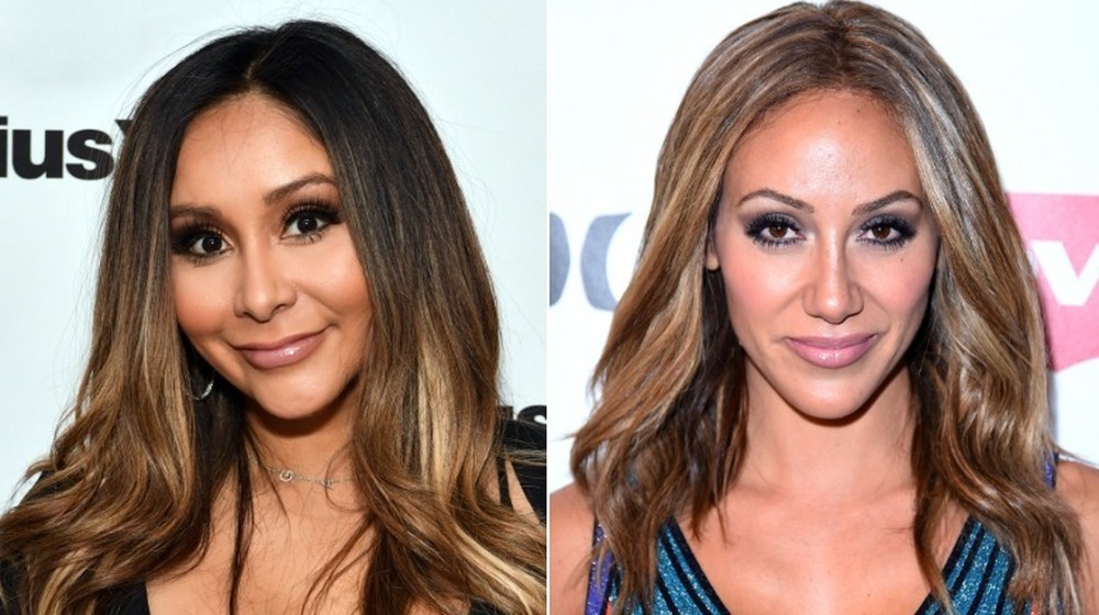 Snooki and Melissa Gorga smiling in split image