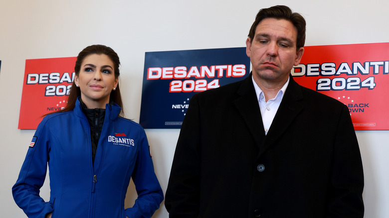 Republican presidential candidate Florida Gov. Ron DeSantis and his wife Casey DeSantis looking on during a campaign stop