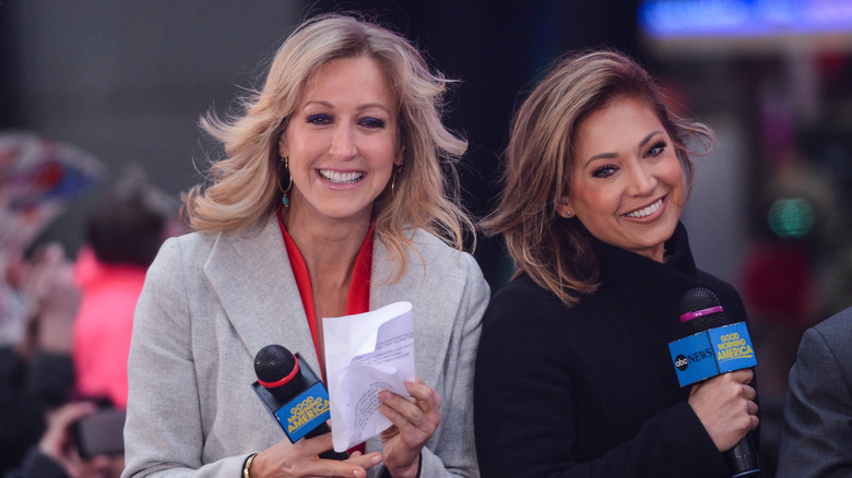Lara Spencer (L) and Ginger Zee hosting the "Good Morning America" taping at the ABC Times Square Studios.