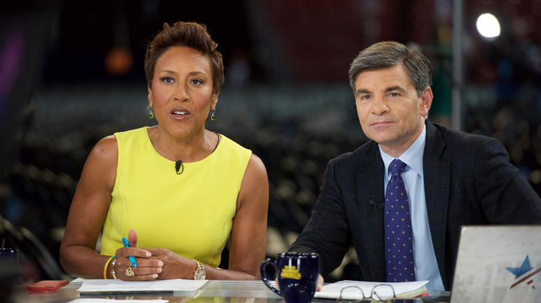 Robin Roberts and George Stephanopoulos broadcasting from the 2016 Democratic National Convention-Day 1 at Wells Fargo Center.