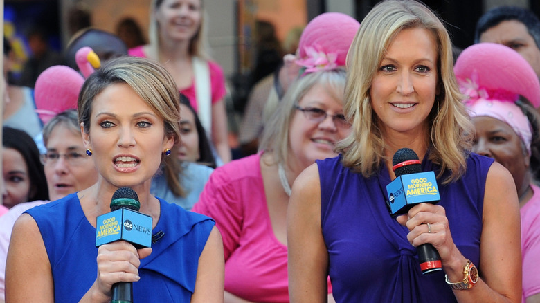 Amy Robach and Lara Spencer broadcasting on the exterior Times Square set of "Good Morning America."