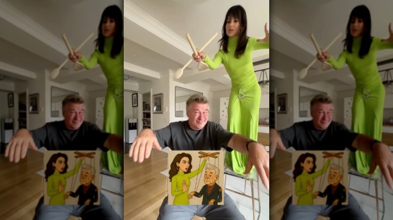Hilaria Baldwin uses wooden spoons to tug at Alec's invisible strings