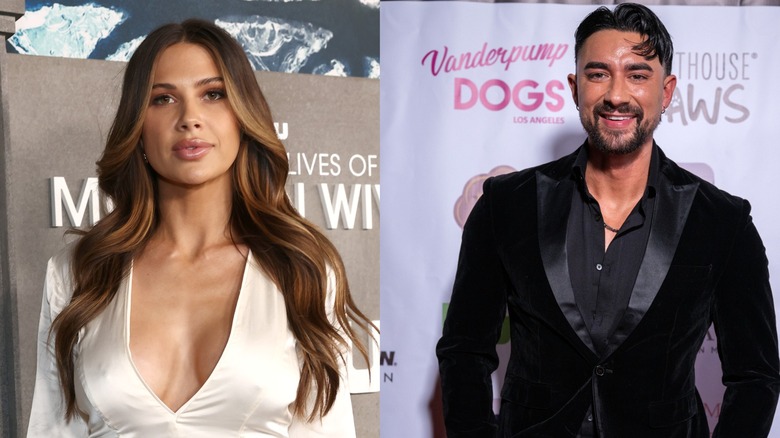 Demi Engemann in a white dress at the "Mormon Wives" premiere side-by-side with Marciano Brunette on the red carpet