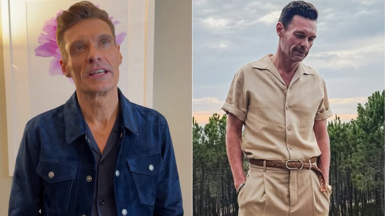 Split image of Ryan Seacrest looking up in all-blue outfit and wearing all-khaki ensemble while looking down