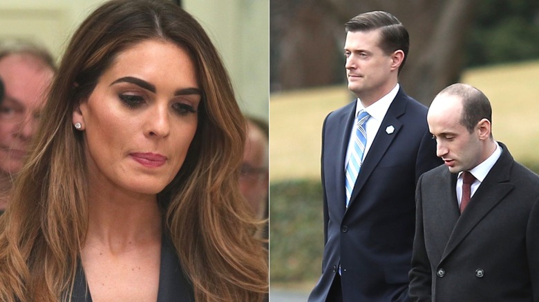 Split image of Hope Hicks looking down, Rob Porter standing with Stephen Miller.