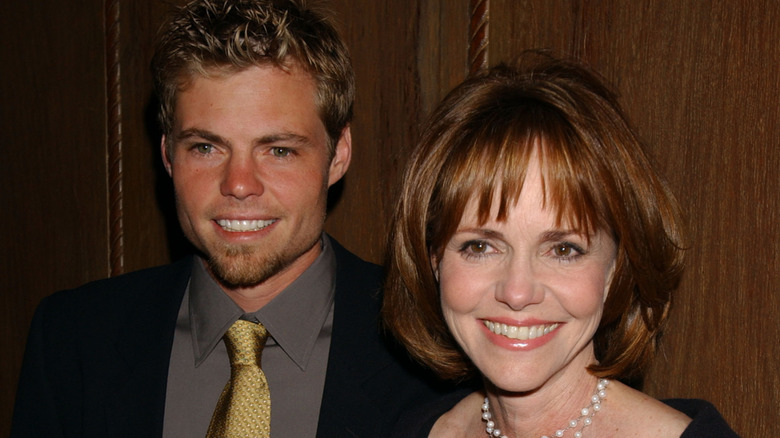 Sally Field posing with her son in the early 2000s