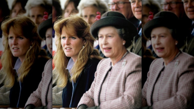 Sarah Ferguson and Queen Elizabeth sit next to each other in 1990.