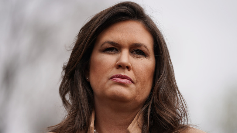 White House Press Secretary Sarah Huckabee Sanders talking to journalists outside the West Wing of the White House