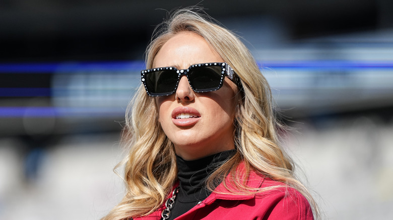 Brittany Mahomes looking on prior to a game between the Kansas City Chiefs and the Carolina Panthers at Bank of America Stadium