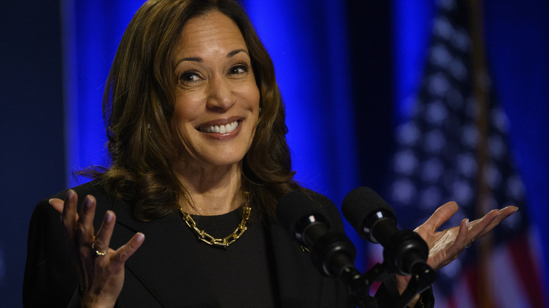 Kamala Harris speaking at an event hosted by The Economic Club of Pittsburgh at Carnegie Mellon University