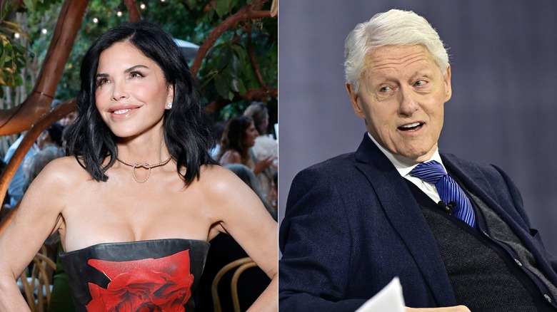 Split image of Lauren Sanchez smiling and Bill Clinton speaking