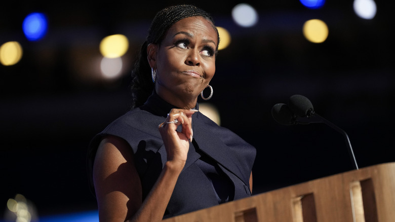 Michelle Obama makes an ironic face on stage during the second day of the 2024 Democratic National Convention