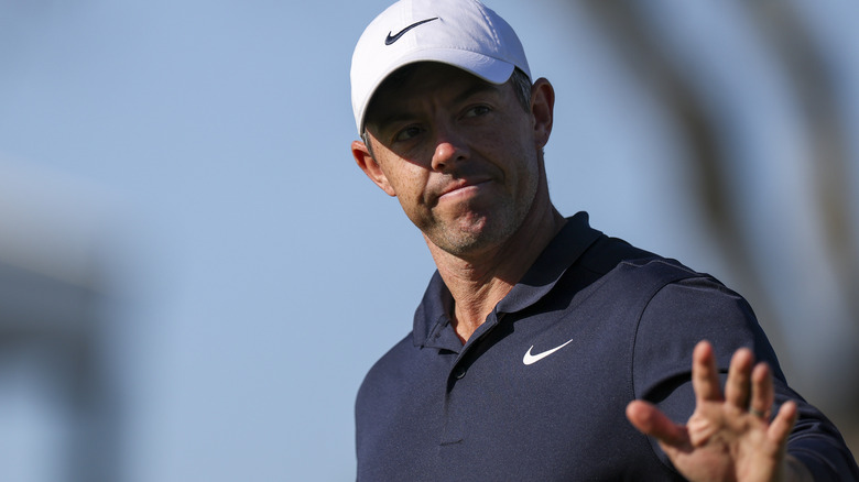 Rory McIlroy gestures at the 2025 Truist championship.