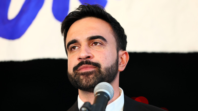 Zohran Mamdani speaking to supporters during an election night gathering at The Greats of Craft LIC