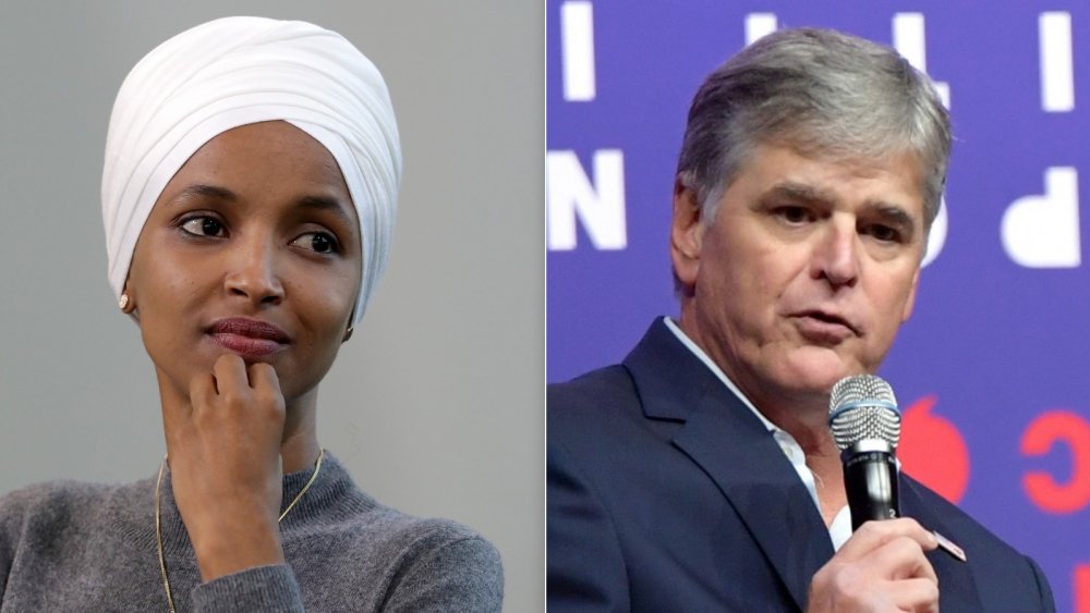 Ilhan Omar at a conference in 2019; Sean Hannity at a convention in 2019 