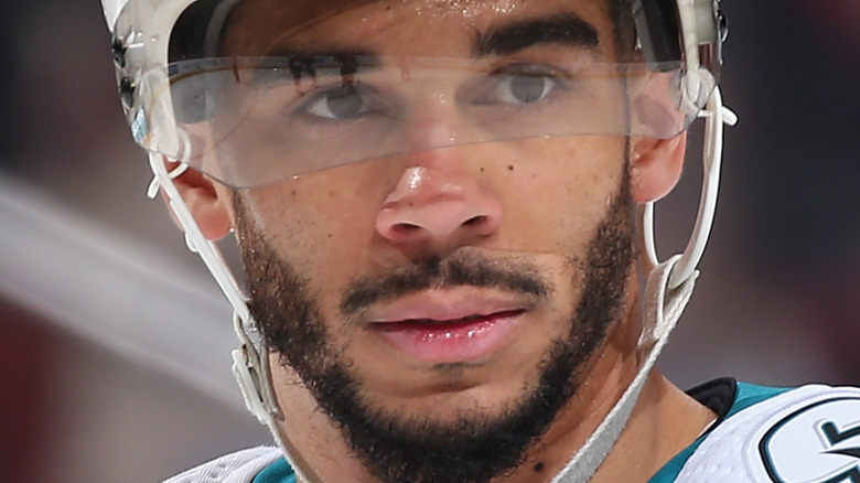 Evander Kane wearing a helmet