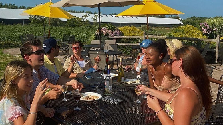 Cast of Serving the Hamptons drinking outside